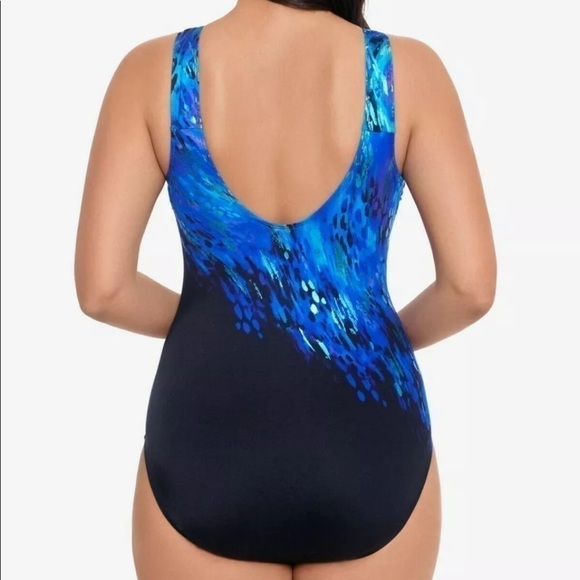 Swim Solutions Blue Panel High Neck Tummy-Control Long Torso One-Piece Swimsuit - Picture 2 of 9